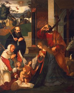 Fødsel med St Bernard og St Alberico, ca 1505-1510, av Ludovico Mazzolino (ca 1480-ca 1530), olje på lerret, 219x176 cm