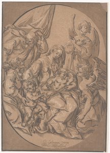 Den hellige familie med spedbarnet St. John, i en oval, ca. 1623