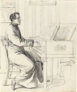 Grimm, Ludwig Emil   tysk, 1790 - 1863  Kunstnerens svoger, Ludwig Hassenpflug, Preparing to Play the Piano, 1826 (penn og svart blekk over grafitt på vevd papir)
