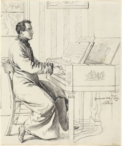 Kunstnerens svoger, Ludwig Hassenpflug, gjør seg klar til å spille piano av Ludwig Emil Grimm