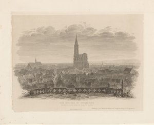 Portrett av katedralen i Straatsburg Minsteren i Strasbourg sett fra det østlige tårnet til Thomas-kirken (tittel på objekt) av Ludwig Friedrich Schnell