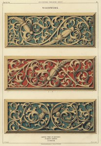 Utskåret treverk på benker i Mariakirken, Lubeck, Tyskland (farge litho) av Ludwig Gruner