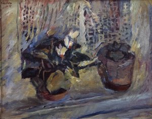 Stilleben med blomsterpotter i vinduet