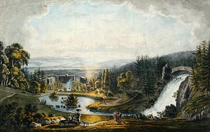 Utsikt over Weissenstein slott (håndfarget gravering) av Ludwig Philipp Strack