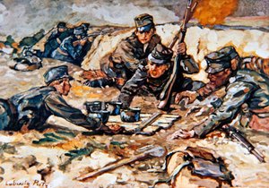 Bringe rasjoner til de østerrikske skyttergravene under ild fra russisk artilleri av Ludwig Putz