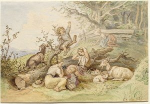 Barn og geiter hviler ved et felt tre av Ludwig Richter