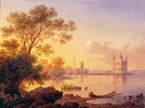 Utsikt over den rosa paviljongen (Ozerki) i Peterhof (Saint Petersburg). Verk av Luigi Premazzi (1814-1891), akvarell på papir. Italiensk kunst fra 1800-tallet, akademiisme. Statens friluftsmuseum Peterhof, St. Petersburg. av Luigi Premazzi