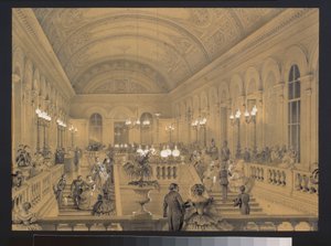 Trappen til Imperial Theatre Bolchoi Kammeny, i St. Petersburg. Kunstverk av Luigi Premazzi (1814-1891), akvarell og hvitt på papir, ca. 1850. Italiensk kunst av Luigi Premazzi