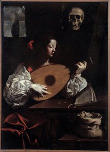 Lutspiller. Maleri (Vanite) av Luigi Miradori (1600-tallet)