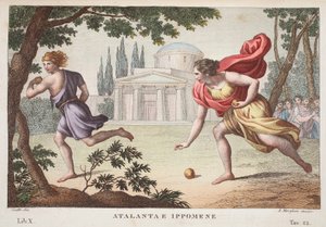 Atalanta og Hippomenes eller Atalanta e Ippomene, Bok X, illustrasjon fra Ovids Metamorphoses, Firenze, 1832 (håndfarget gravering)