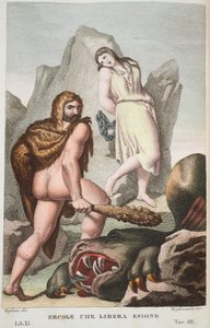 Hercules redder Hesione eller Ercole che Libera Enione, bok XI, illustrasjon fra Ovids Metamorphoses, Firenze, 1832 (håndfarget gravering) av Luigi Ademollo