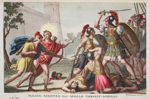 Paris dreper Achilles eller Paride diretto da Apollo Ferince Achille, bok XIII, illustrasjon fra Ovids Metamorphoses, Firenze, 1832 (håndfarget gravering)