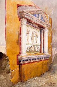 Lararium av familiealter, sett in situ etter utgraving, House of Aulus Vettius, Pompeii, ca. 36-39 AD, 1895