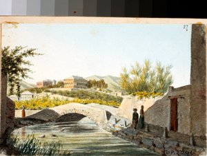 Utsikt over Villa Saluzzo Bombrini i distriktet Albaro, Genova (Tegning og akvarell, ca 1825)