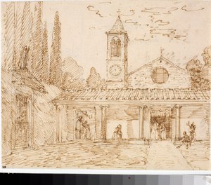 Utsikt over en kirke i renessansestil (blekktegning, ca. 1825) av Luigi Garibbo