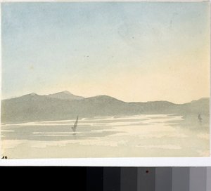 Utsikt over en innsjø ved daggry (Akvarell, ca. 1825) av Luigi Garibbo