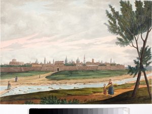 Utsikt over en by med murer, sannsynligvis Lucca i Toscana (blekk og akvarell, ca 1820) av Luigi Garibbo