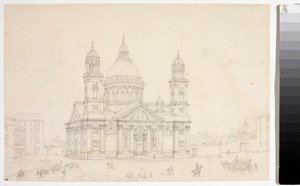 Utsikt over basilikaen Santa Maria Assunta di Carignano i Genova (Tegning av Luigi Garibbo