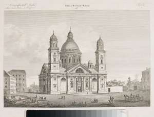 Utsikt over basilikaen Santa Maria Assunta di Carignano i Genova (etsing