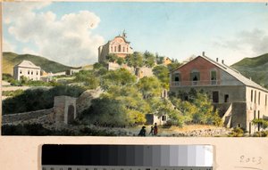 Utsikt over bakken og kirken Oregina, Genova (akvarell, ca. 1825) av Luigi Garibbo