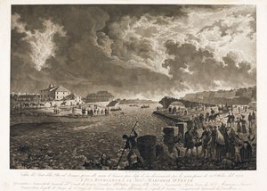 Utsikt over broen Pila i Genova, etter flommen i Bisagno-floden 26.10.1822 (Etsing, ca. 1822)