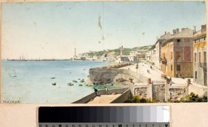 Utsikt over havnen i Genova med Lanterna, byens fyrtårn, bastioner og kirken San Teodoro (Akvarell av Luigi Garibbo