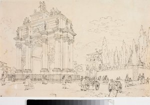 Utsikt over triumfbuen i Porta san Gallo, Firenze (Tegning, ca 1825) av Luigi Garibbo