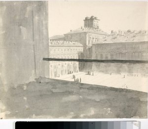 Utsikt over et torg fra et vindu, Italia (Lavis, ca 1825) av Luigi Garibbo
