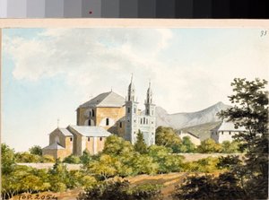 Utsikt over kirken ss Nazarius og Celsus i Arenzano, Genova (Akvarell, ca 1825)