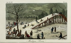 En berg-og-dalbane. Illustrasjon fra gamle og moderne skikker eller regjeringshistorie av Giulio Ferrario, 1831