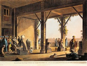 Egyptiske antikviteter i gården til et Boulaq-hus fra Views in Egypt av Luigi Mayer, gravering av Luigi Mayer