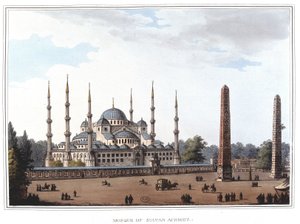 Sultan Ahmeds moské (1609-1616), Istanbul. i "" Utsikt i de osmanske dominansene, i Europa, i Asia og noen av middelhavsøyene""" fra originaltegningene tatt av Luigi Mayer, London av Luigi Mayer