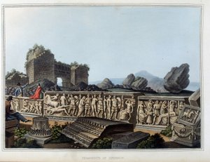 Ruiner og frise skåret i Efese, tidligere antikke by i Hellas, i dag i Tyrkia. i "" Utsikter i de osmanske dominansene, i Europa, i Asia og noen av middelhavsøyene fra de originale tegningene tatt av Luigi Mayer, London av Luigi Mayer