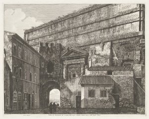 Porta Maggiore i Roma Utsikt over monumentet til Condotto delle Acque Claudia, og Anione Nuovo, og av Acqua Felice (tittel på objektet)
