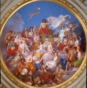 The Council of the Gods (eller Assembly of the Gods): Zevs på Olympus omgir guddommelige. De er representert fra topp til bunn og til venstre: Ganymedes, Athena, Poseidon, Hermes, Hephaistos, Afrodite, Eros, de 3 Charites, Dionysos og Ares. I cent