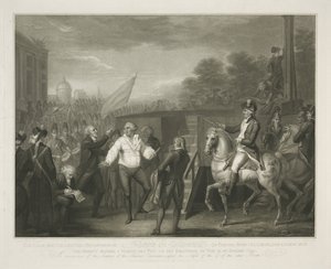 Lodewijk XVI ved det schavot Den rolige og oppsamlede oppførselen til Lewis den sekstende ved avskjed fra sin skriftefar Edgeworth / øyeblikket før en periode ble satt til hans eksistens den 21. januar 1793 (tittel på objekt) av Luigi Schiavonetti
