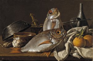 Stilleben med brasme, appelsiner, hvitløk og kjøkkenutstyr, 1772