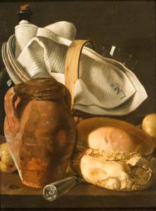 Stilleben med brød, en kanne og en serviett, etter cirka 1830 (olje på lerret) av Luis Egidio Melendez