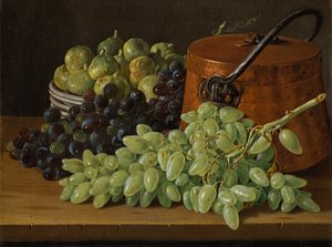Stilleben med druer, fiken og en kobberkjele, ca. 1770