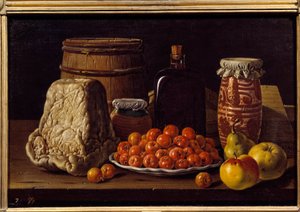 Ost, frukt og mottaker. Maleri av Luis Melendez (1716 - 1780), spansk skole
