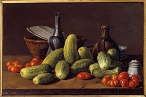 Stilleben: agurker, tomater og beholdere. Maleri av Luis Melendez (1716 - 1780)