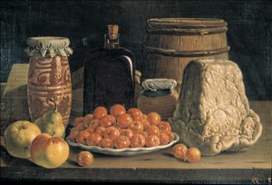 Stilleben med frukt og ost