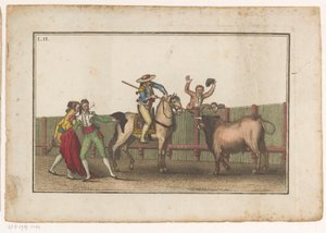Picador retter lansen mot en okse Coleccion de las principales suertes de una corrida de toros (serietittel) Samling av de viktigste tyrefektingsmanøvrene (serietittel) av Luis Fernandez Noseret