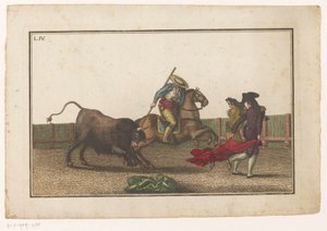 Picador stikker lansen inn i en okse Coleccion de las principales suertes de una corrida de toros (serietittel) Samling av de viktigste tyrefektingsmanøvrene (serietittel) av Luis Fernandez Noseret