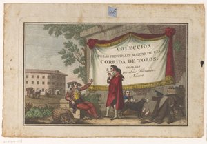 Titteltrykk med tyrefektere og et okseskinn Coleccion de las principales suertes de una corrida de toros (serietittel på objekt) Samling av de viktigste tyrefektingsmanøvrene (serietittel) av Luis Fernandez Noseret