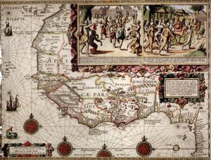 Geografisk kart over Guinee laget av kartograf Luis Teixera (eller Teixeira), ca. 1586. Øverst til høyre, representasjon av en dansescene blant urbefolkningen (afrikanere). av Luis Teixeira
