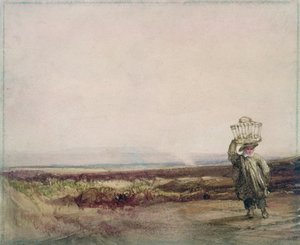 En gutt som bærer en kurv på hodet, i et myrlandskap av Luke Clennell