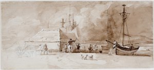 Strandscene med ryttere (blyant og akvarell på kort)