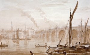 Utsikt over Blackfriars Bridge fra Surrey-kysten, med båter i forgrunnen, London, c1825 av Luke Clennell