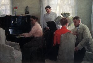 Pretendenten (en ung mann som frier under tilsyn av to kvinnelige ledsagere, hvorav den ene spiller piano) (Broom) - Maleri av Lukian Vasilyevich Popov (1873-1914), olje på lerret (54x80 cm) av Lukjan Vasilievich Popov